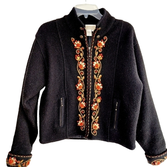 Coldwater Creek Black WoolCardigan Sweater Jacket Medium Floral